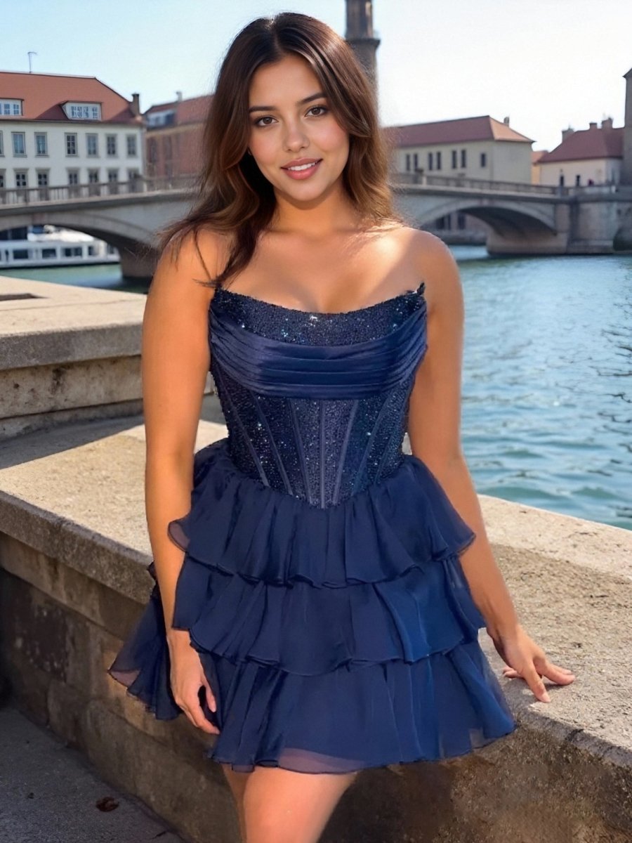 Amica | Navy Blue - Strapless A Line Chiffon Beaded Homecoming Dress With Ruffles