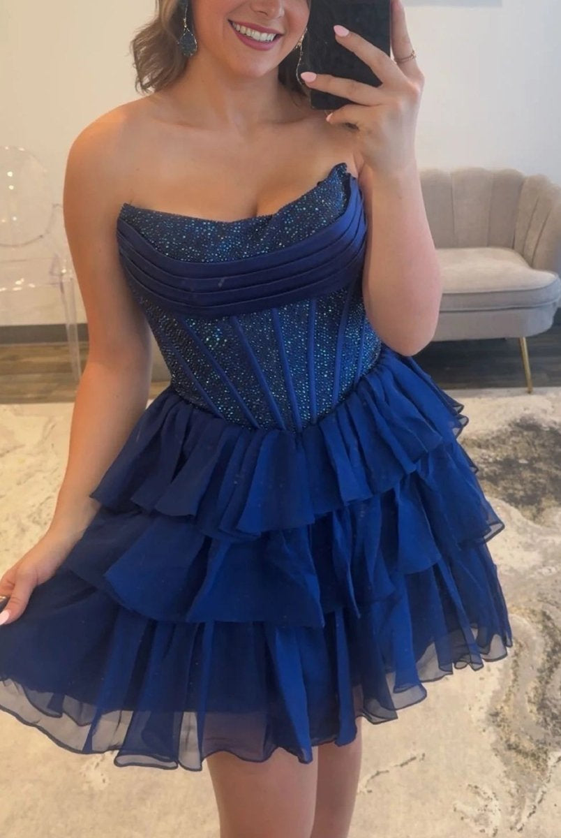 Amica | Navy Blue - Strapless A Line Chiffon Beaded Homecoming Dress With Ruffles
