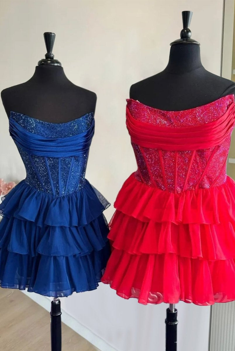 Amica | Red - Strapless A Line Chiffon Beaded Homecoming Dress With Ruffles