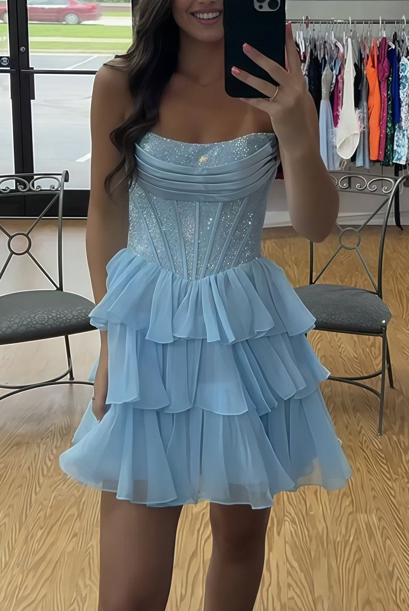 Amica | Sky Blue - Strapless A Line Chiffon Beaded Homecoming Dress With Ruffles