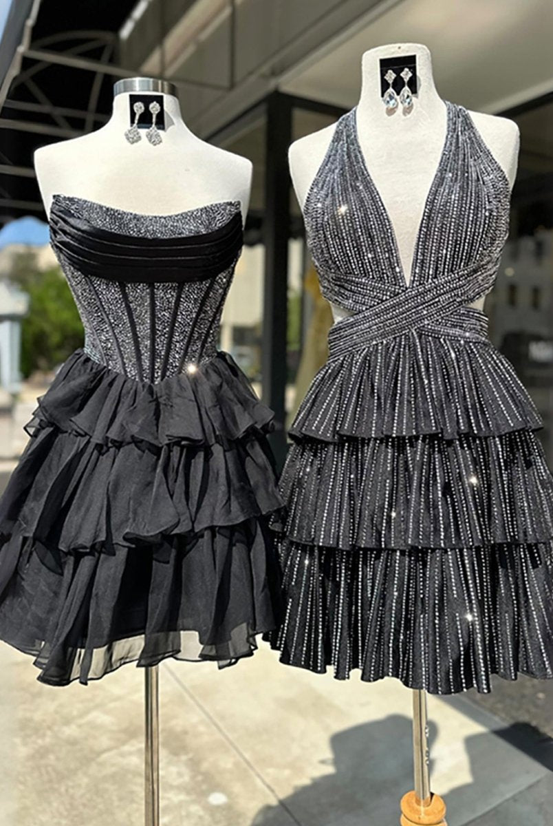 Amica | Black - Strapless A Line Chiffon Beaded Homecoming Dress With Ruffles