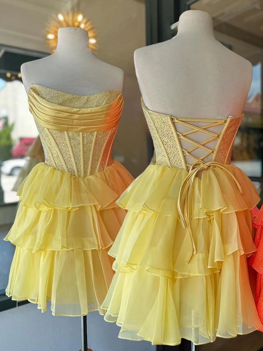 Amica | Yellow - Strapless A Line Chiffon Beaded Homecoming Dress With Ruffles