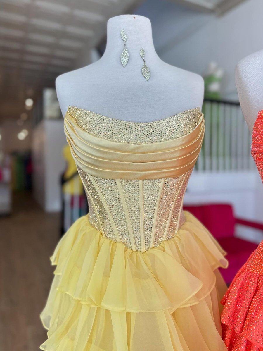 Amica | Yellow - Strapless A Line Chiffon Beaded Homecoming Dress With Ruffles