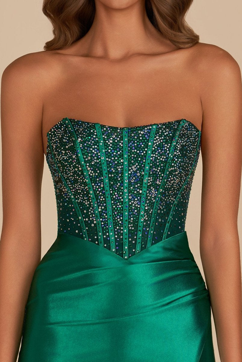 Amine | Dark Green - Bodycon Strapless Satin Corset Homecoming Dresses With Beads