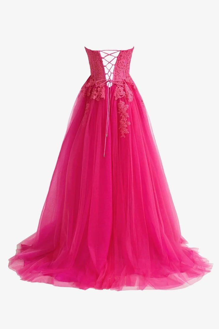 Amora | Hot Pink A - Line Tulle Lace Strapless Long Prom Dress - KissProm