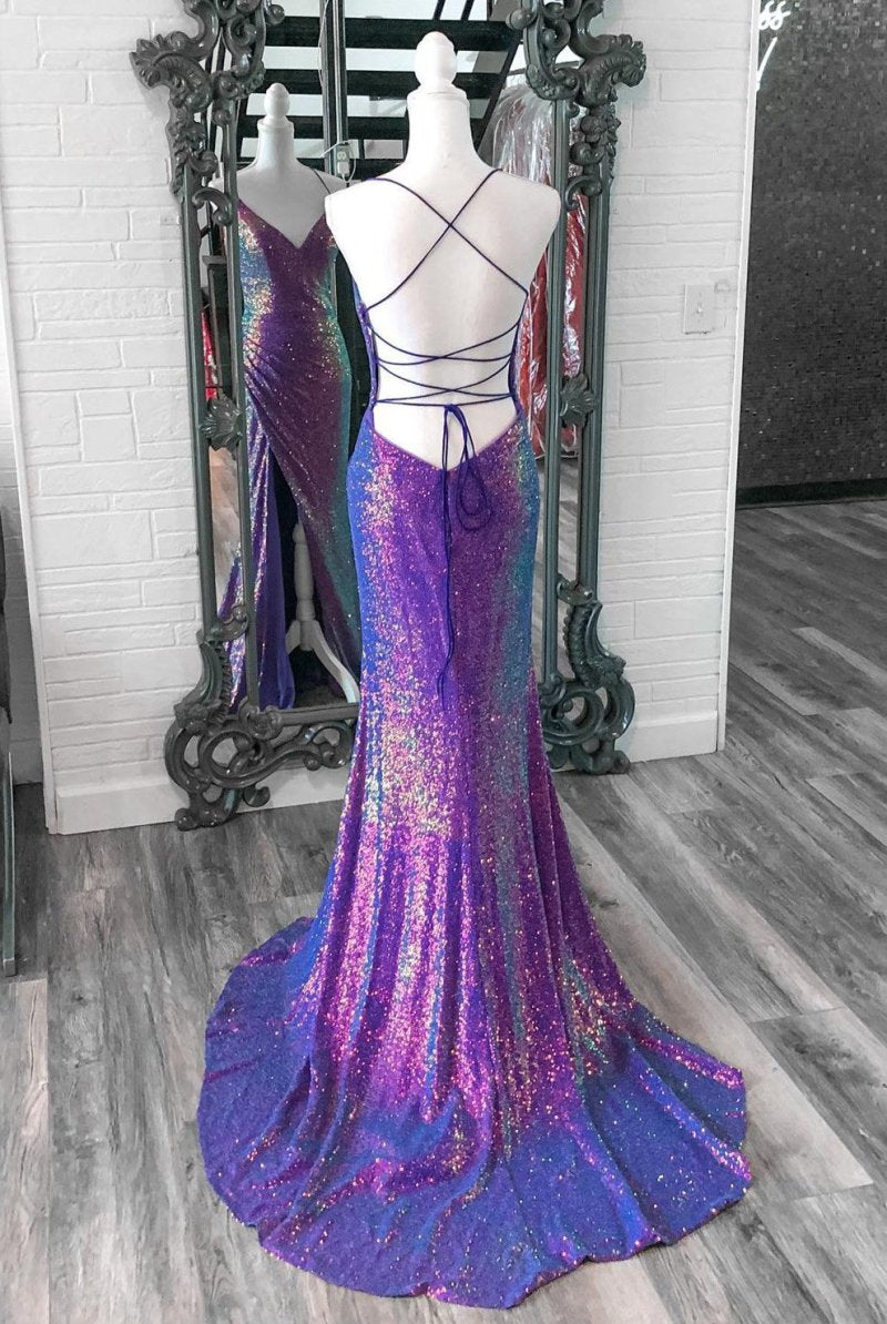 Anara | Purple Iridescent Sequins V Neck Lace - Up Mermaid Long Prom Dress with Slit - KissProm