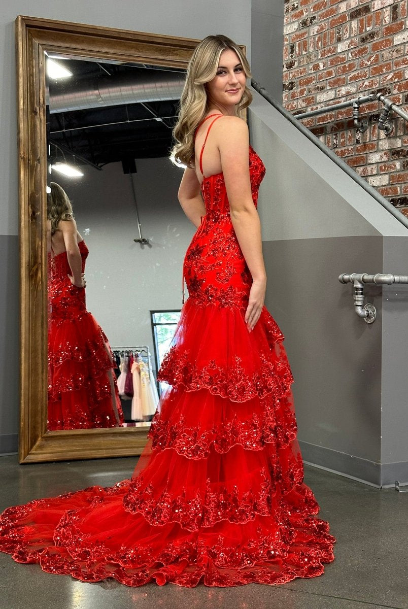 Andrea |Sheath One Shoulder Tiered Lace Long Prom Dress