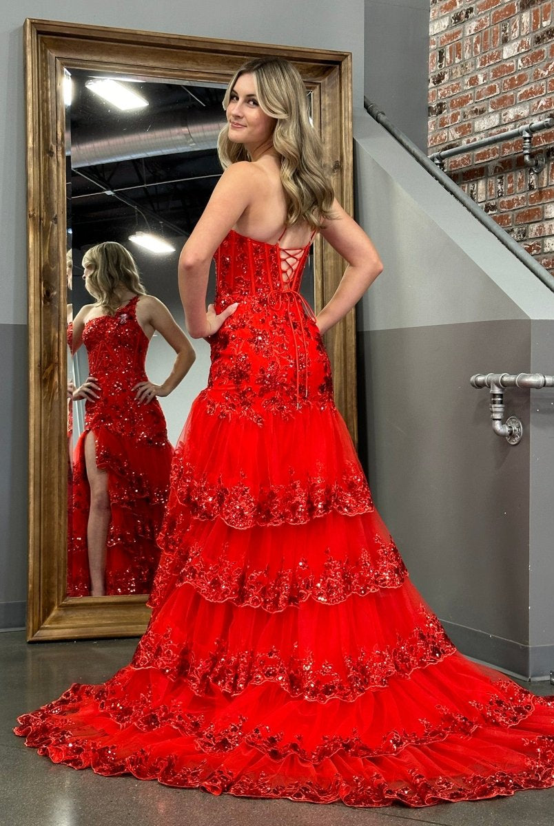 Andrea |Sheath One Shoulder Tiered Lace Long Prom Dress