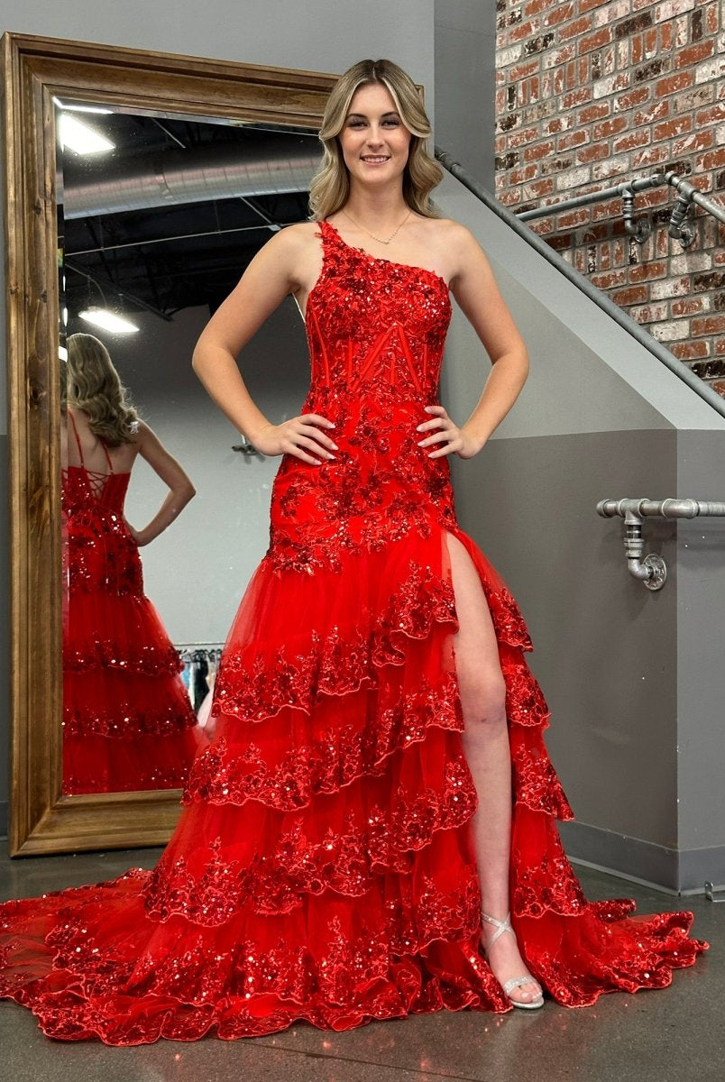 Andrea |Sheath One Shoulder Tiered Lace Long Prom Dress