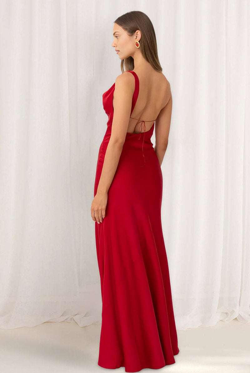 KissProm-Angela Red Cowl Neck Sleeveless Sheath Satin Backless Long Prom Dresses