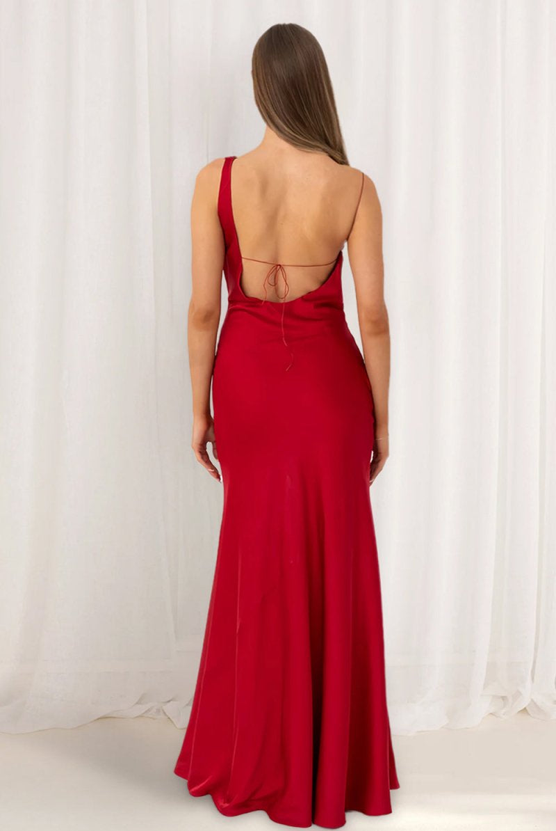 KissProm-Angela Red Cowl Neck Sleeveless Sheath Satin Backless Long Prom Dresses