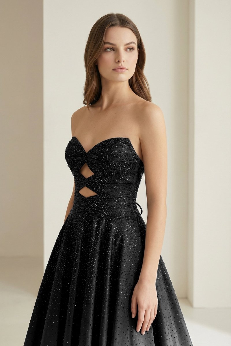 Aniria | Black - Strapless A Line Satin Beaded Long Prom Dresses With Cutout - KissProm