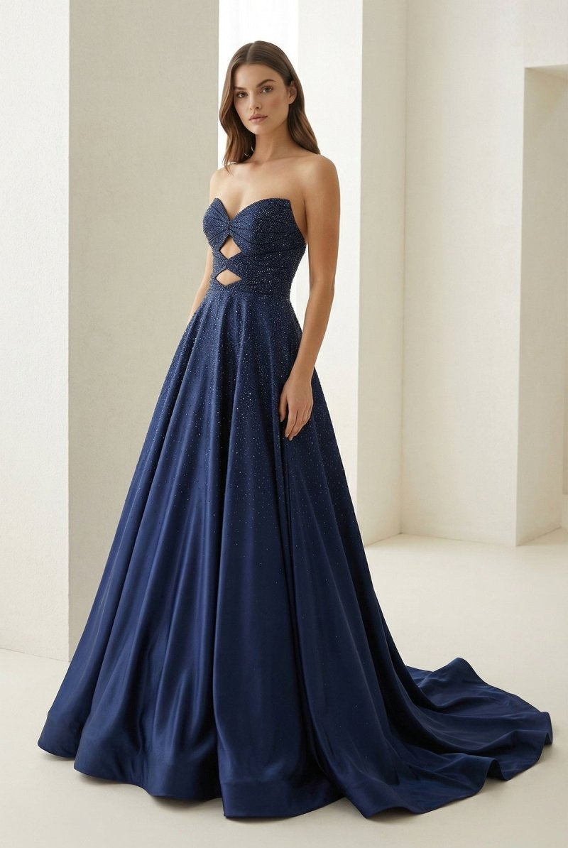 Aniria | Royal Blue - Strapless A Line Satin Beaded Long Prom Dresses With Cutout - KissProm