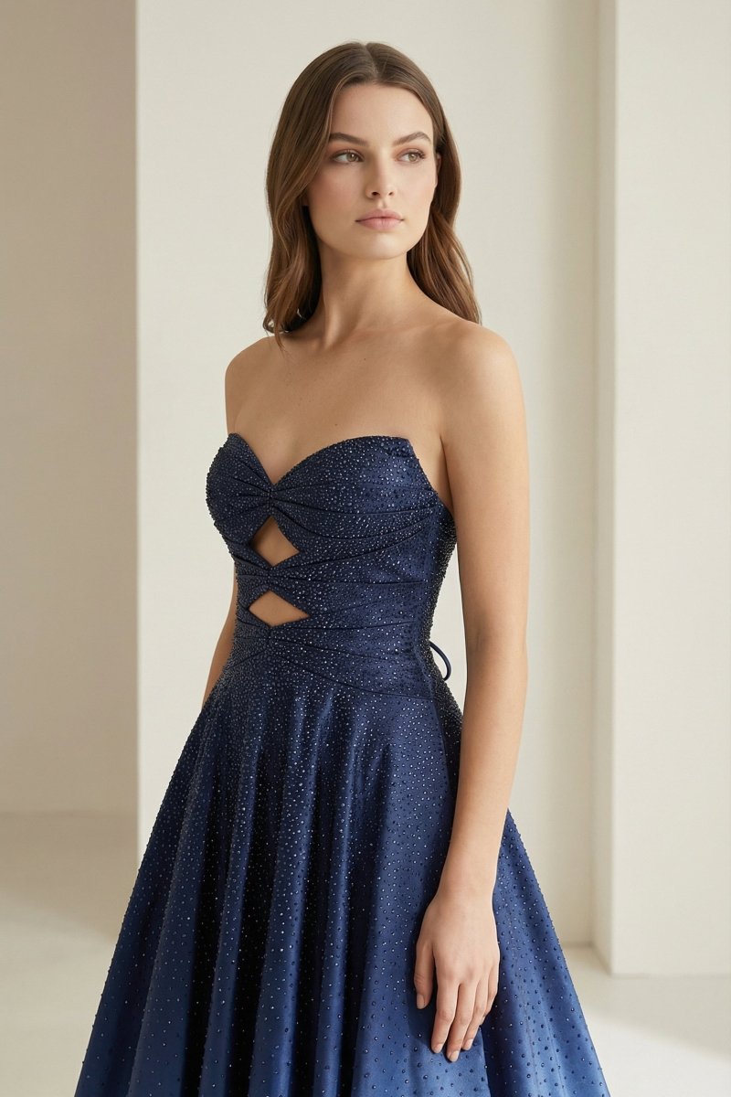 Aniria | Navy Blue - Strapless A Line Satin Beaded Long Prom Dresses With Cutout - KissProm