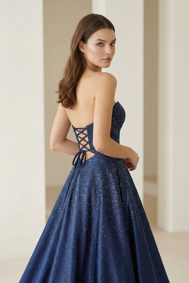 Aniria | Royal Blue - Strapless A Line Satin Beaded Long Prom Dresses With Cutout - KissProm