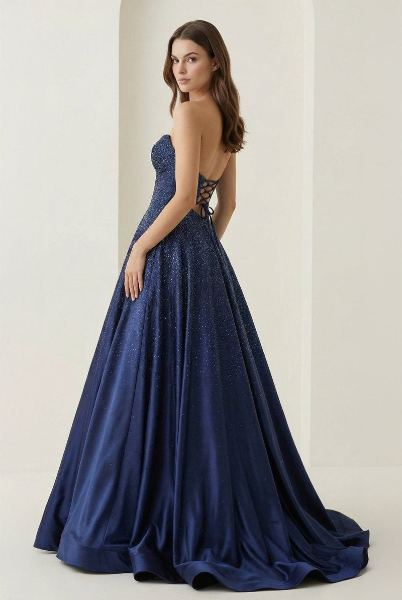 Aniria | Royal Blue - Strapless A Line Satin Beaded Long Prom Dresses With Cutout - KissProm