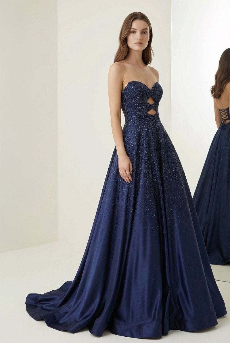 Aniria | Royal Blue - Strapless A Line Satin Beaded Long Prom Dresses With Cutout - KissProm