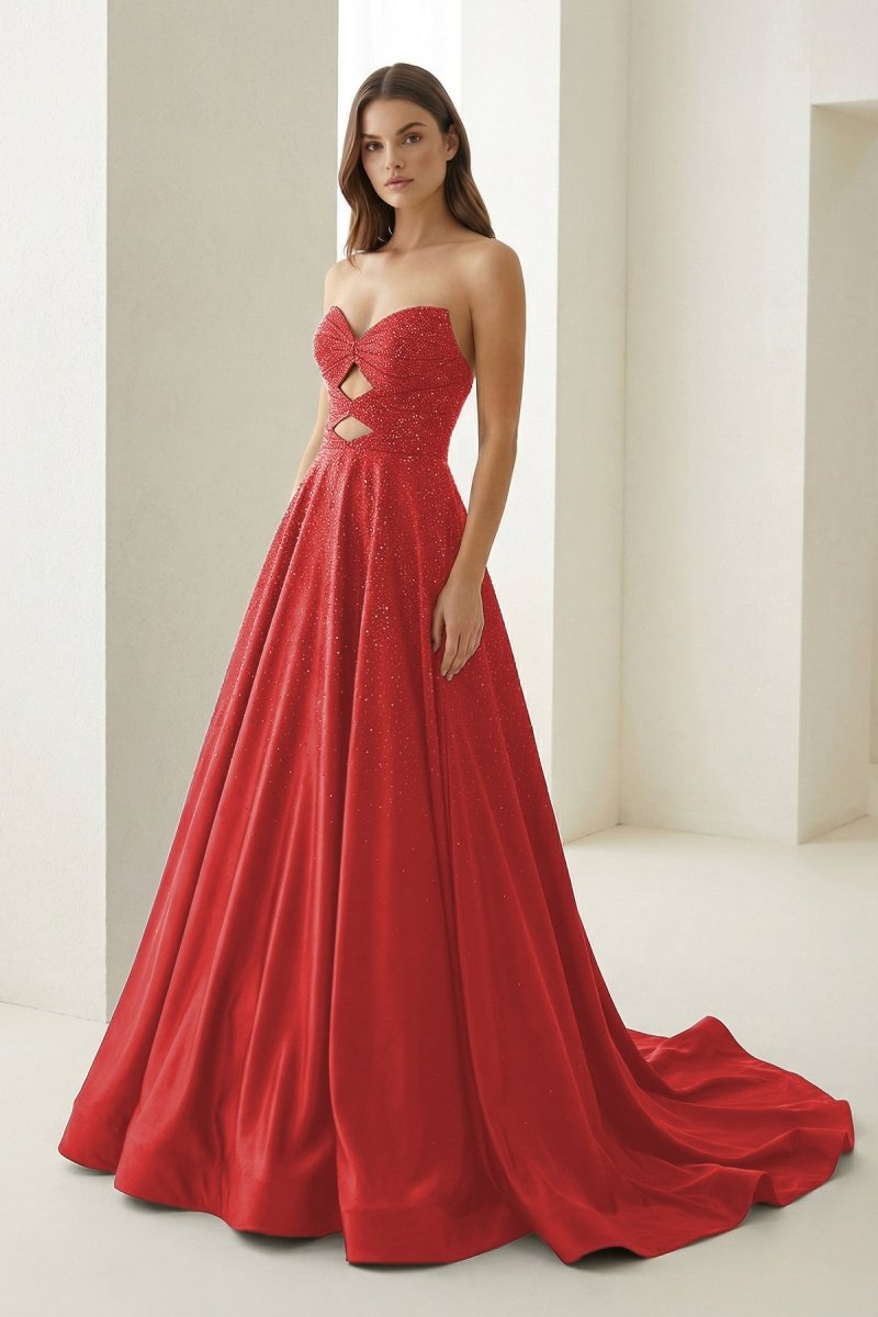 Aniria | Royal Blue - Strapless A Line Satin Beaded Long Prom Dresses With Cutout - KissProm