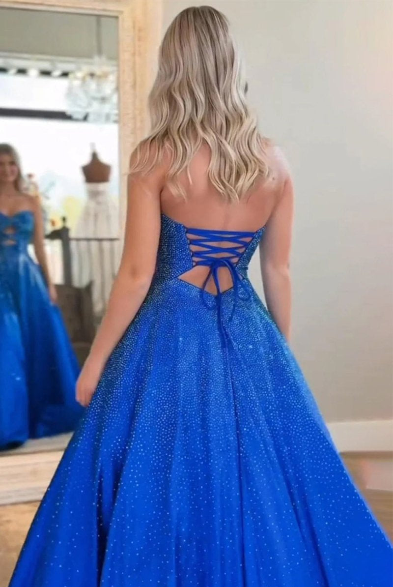 Aniria | Royal Blue - Strapless A Line Satin Beaded Long Prom Dresses With Cutout - KissProm