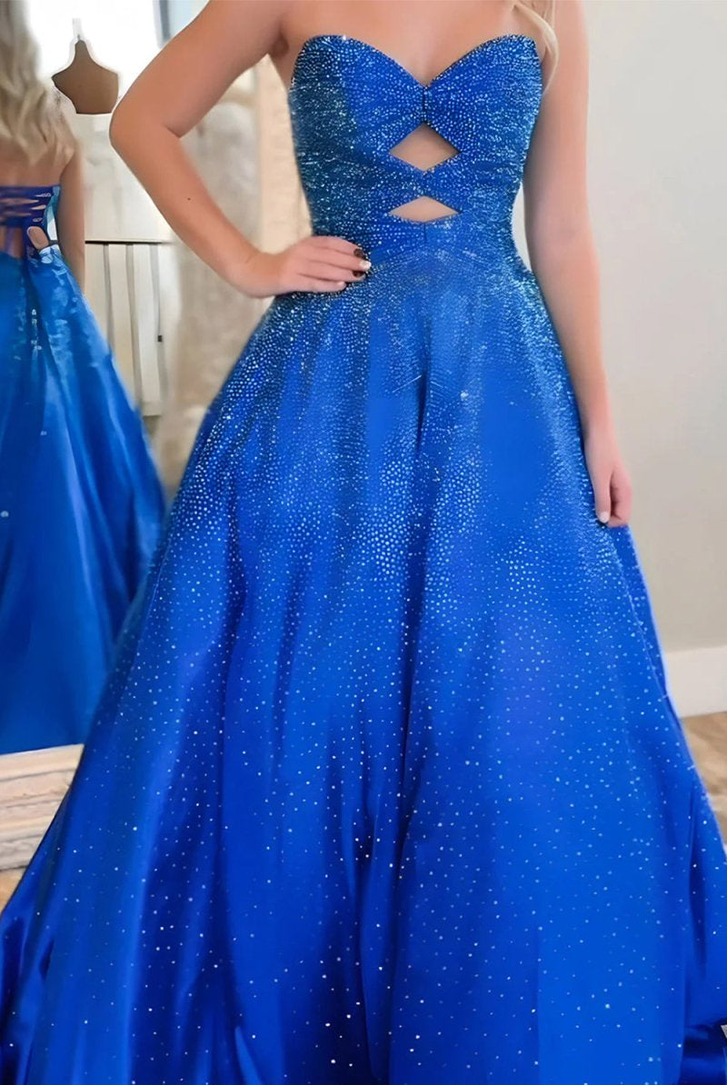Aniria | Royal Blue - Strapless A Line Satin Beaded Long Prom Dresses With Cutout - KissProm