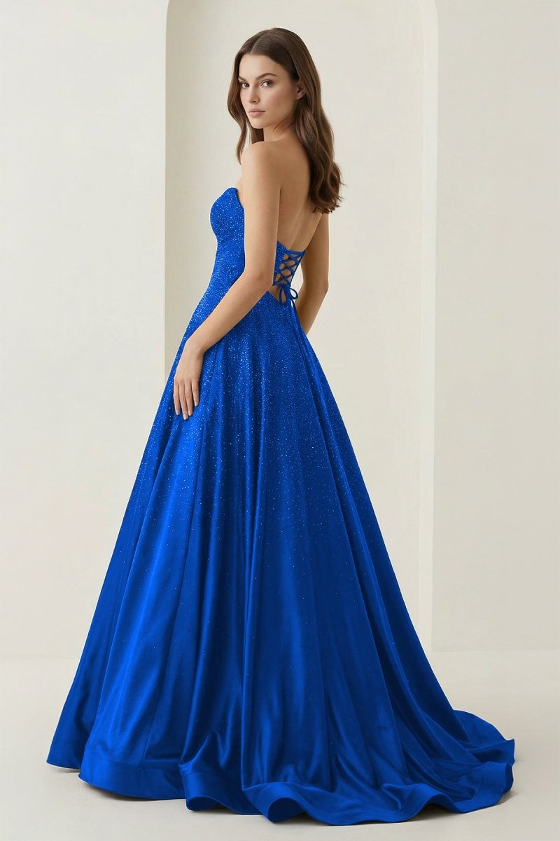 Aniria | Royal Blue - Strapless A Line Satin Beaded Long Prom Dresses With Cutout - KissProm
