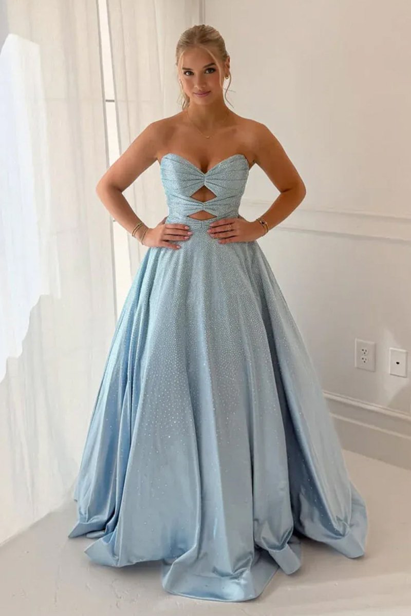 Aniria | Sky Blue - Strapless A Line Satin Beaded Long Prom Dresses With Cutout - KissProm