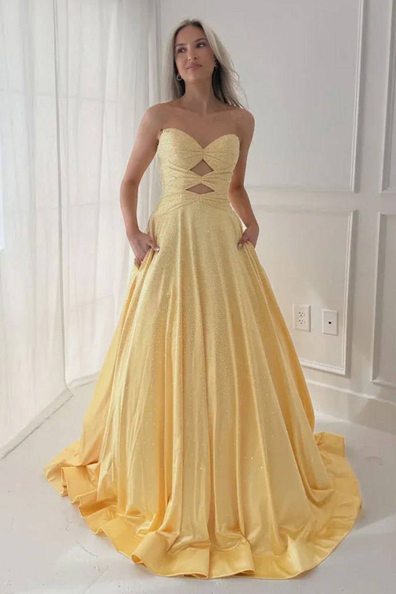 Aniria | Yellow - Strapless A Line Satin Beaded Long Prom Dresses With Cutout - KissProm