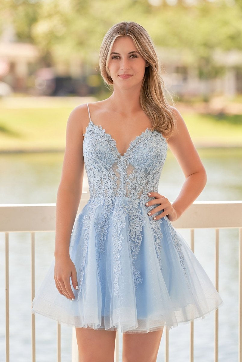 Anisia | A-Line Spaghetti-Straps Sky Blue Lace Homecoming Dress With Appliques