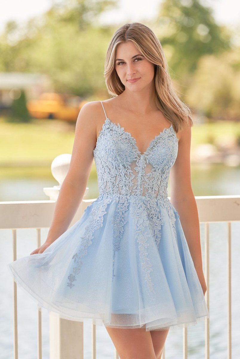 Anisia | A-Line Spaghetti-Straps Sky Blue Lace Homecoming Dress With Appliques