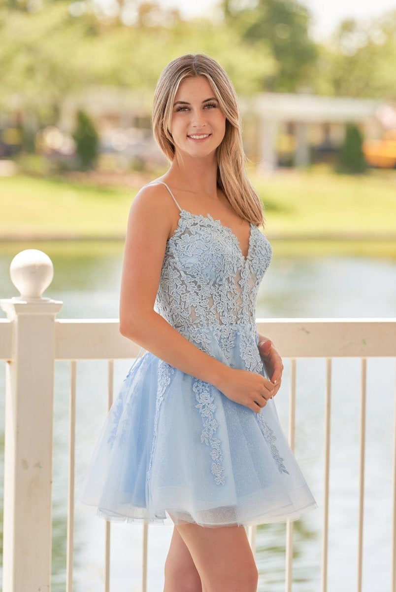 Anisia | A-Line Spaghetti-Straps Sky Blue Lace Homecoming Dress With Appliques