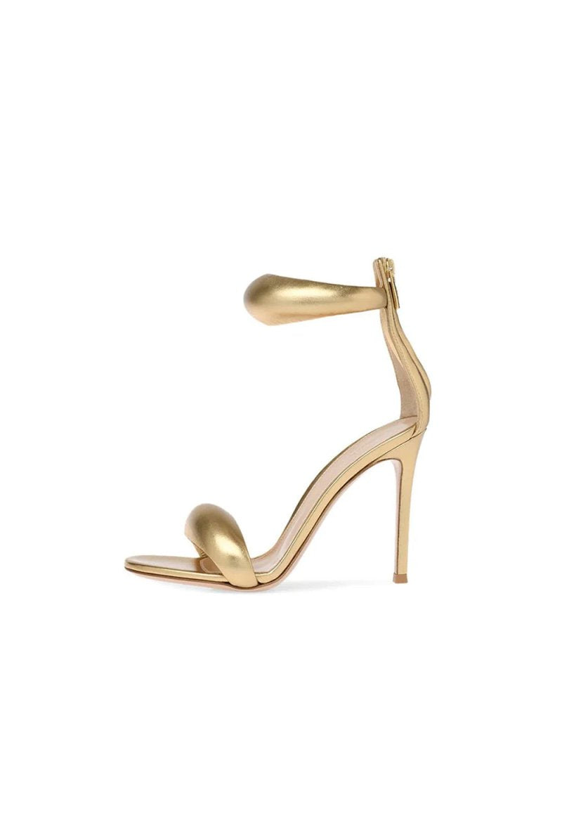 Gold Ankle Strap Leather Stiletto High Heel Sandals - KissProm