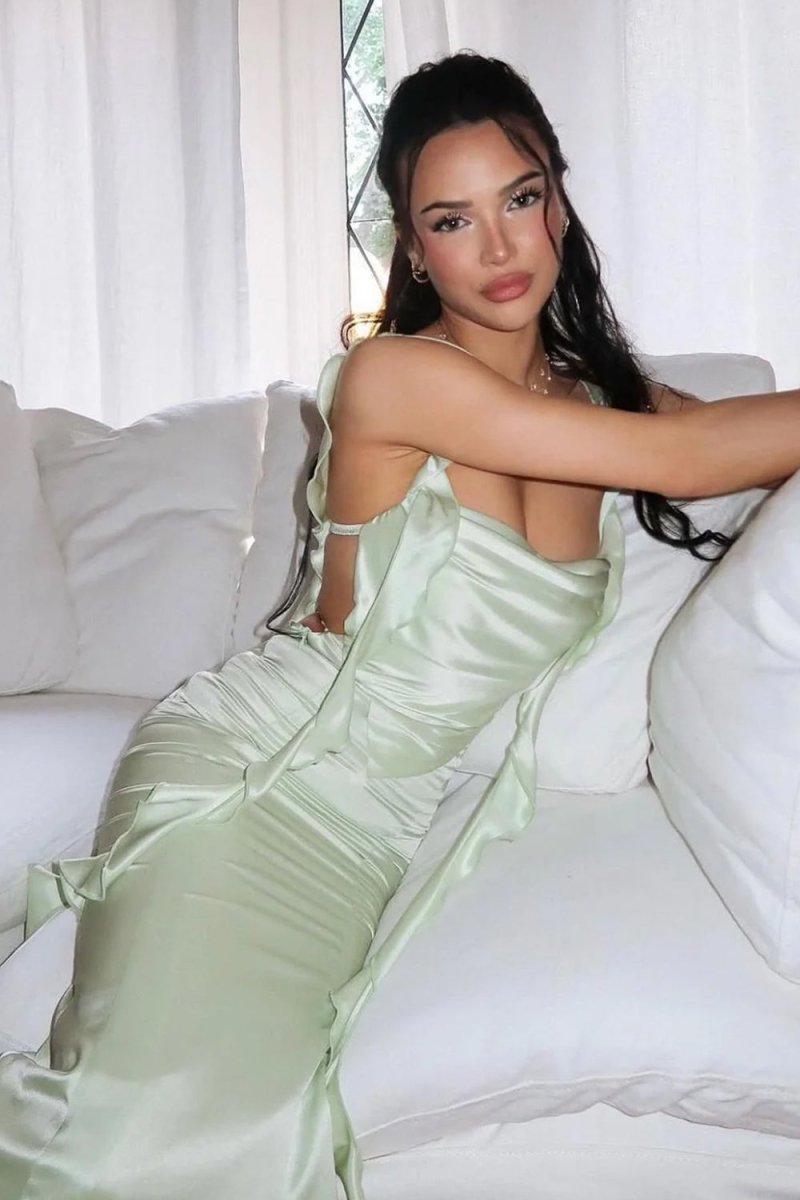 Annaira | Sage - Cowl Neck Sheath Satin Open Back Formal Prom Dresses With Ruffles - KissProm