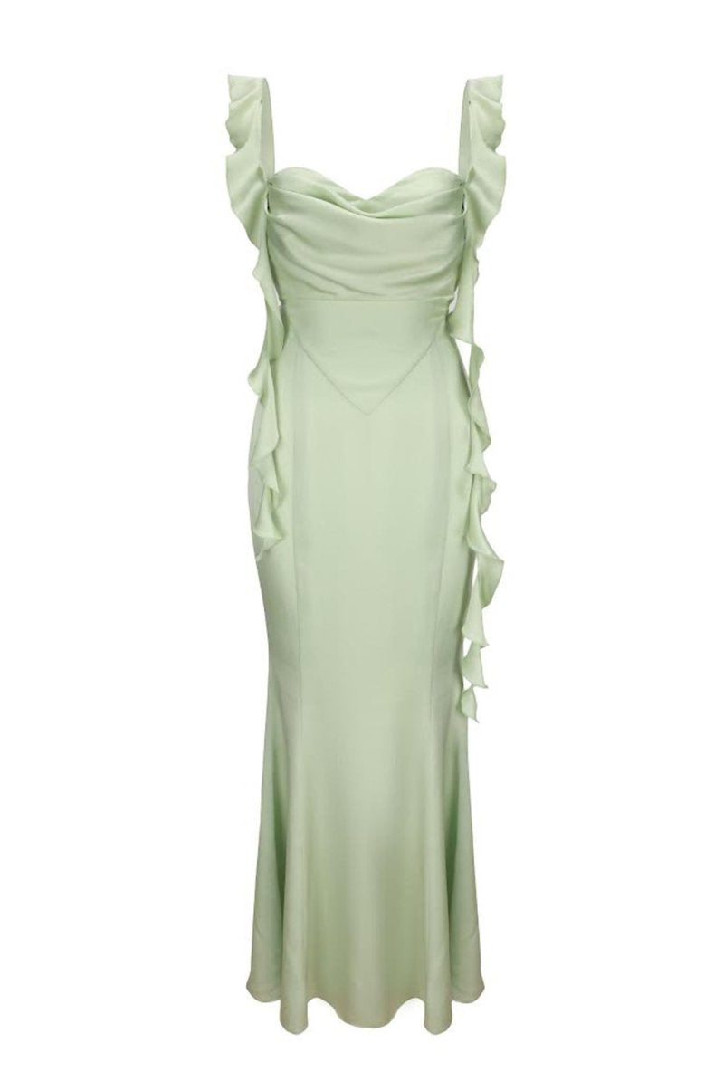 Annaira | Sage - Cowl Neck Sheath Satin Open Back Formal Prom Dresses With Ruffles - KissProm