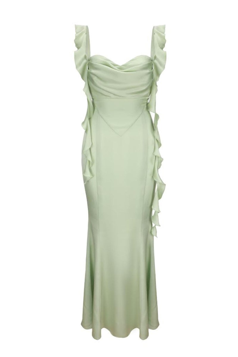 Annaira | Sage - Cowl Neck Sheath Satin Open Back Formal Prom Dresses With Ruffles - KissProm