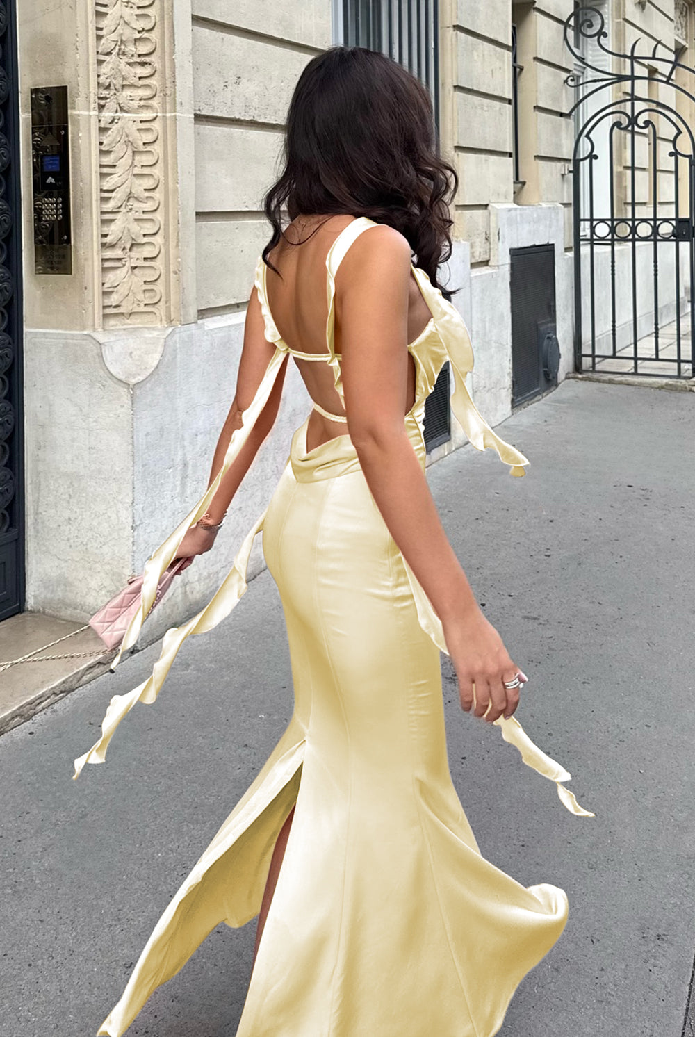 Annaira | Yellow - Cowl Neck Sheath Satin Open Back Formal Prom Dresses With Ruffles -KissProm