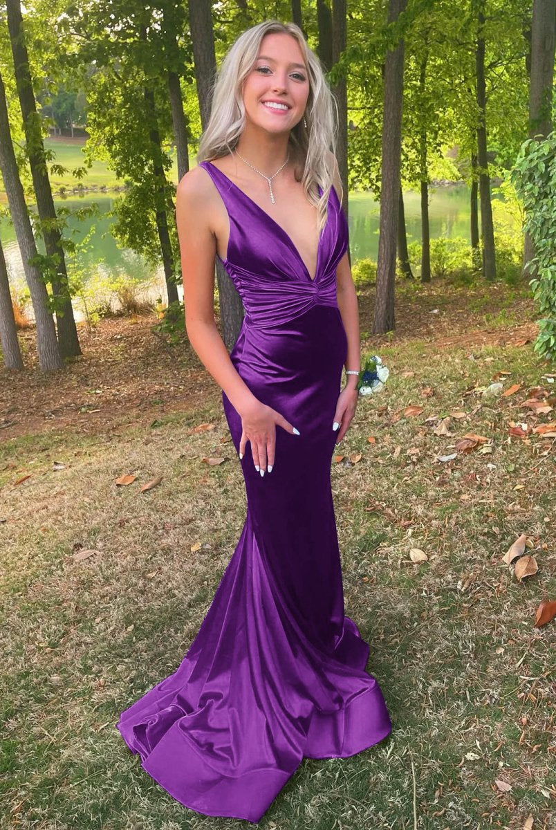 Anwea | Plunge Blue Satin Ruched Mermaid Prom Dress