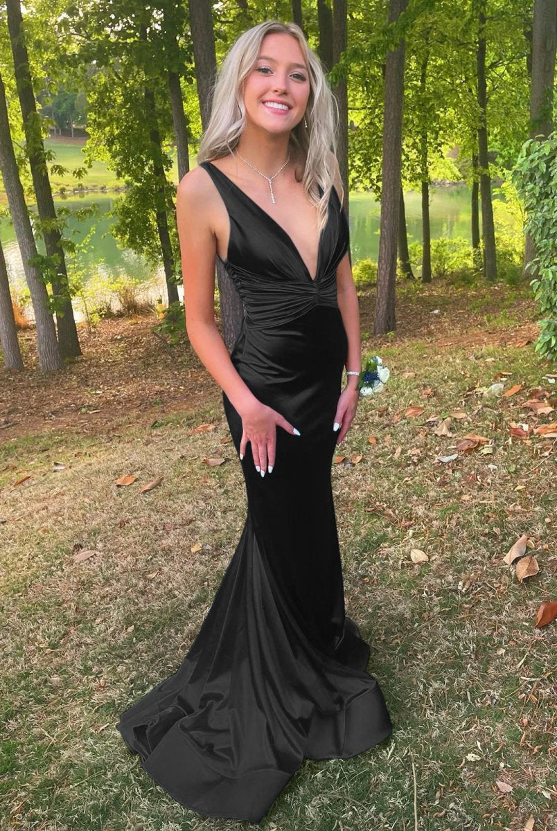 Anwea | Plunge Blue Satin Ruched Mermaid Prom Dress