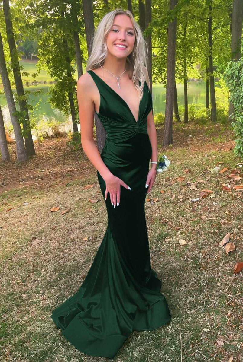 Anwea | Plunge Blue Satin Ruched Mermaid Prom Dress