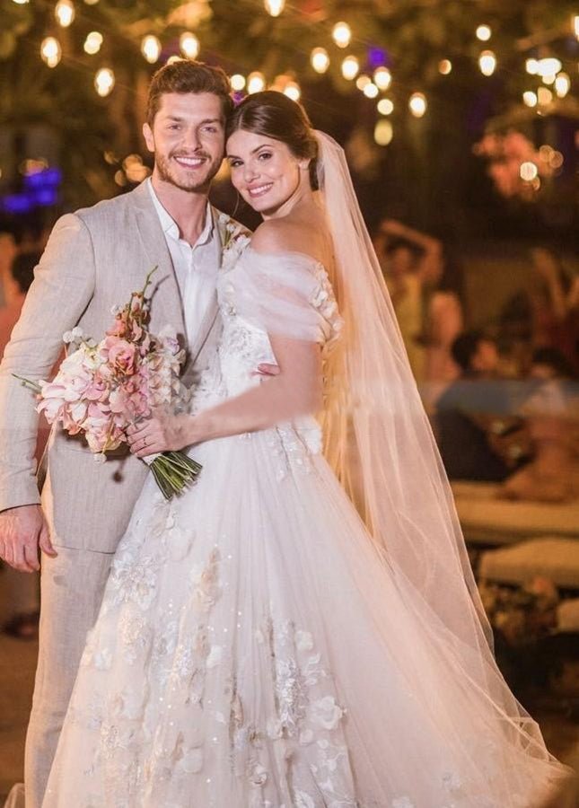 Appliques 3D Flowers Wedding Dresses Off - the - shoulder - KissProm