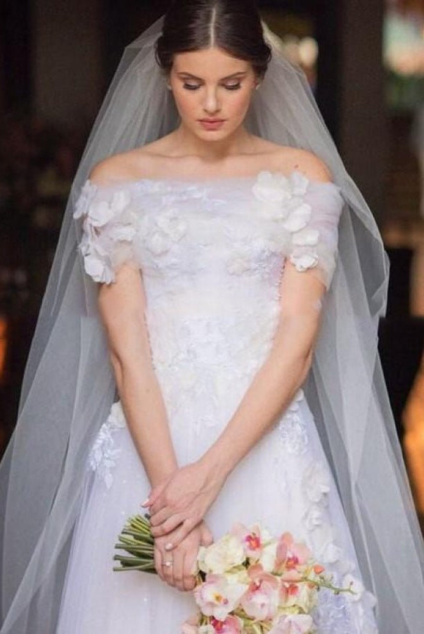 Appliques 3D Flowers Wedding Dresses Off - the - shoulder - KissProm