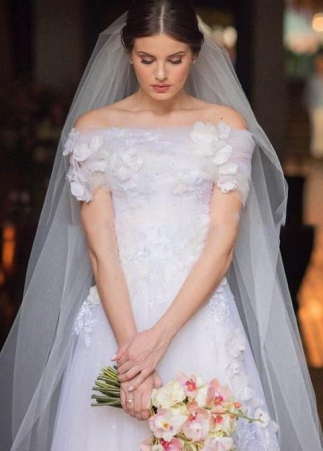 Appliques 3D Flowers Wedding Dresses Off - the - shoulder - KissProm