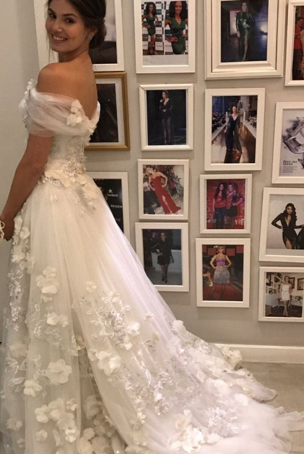 Appliques 3D Flowers Wedding Dresses Off - the - shoulder - KissProm