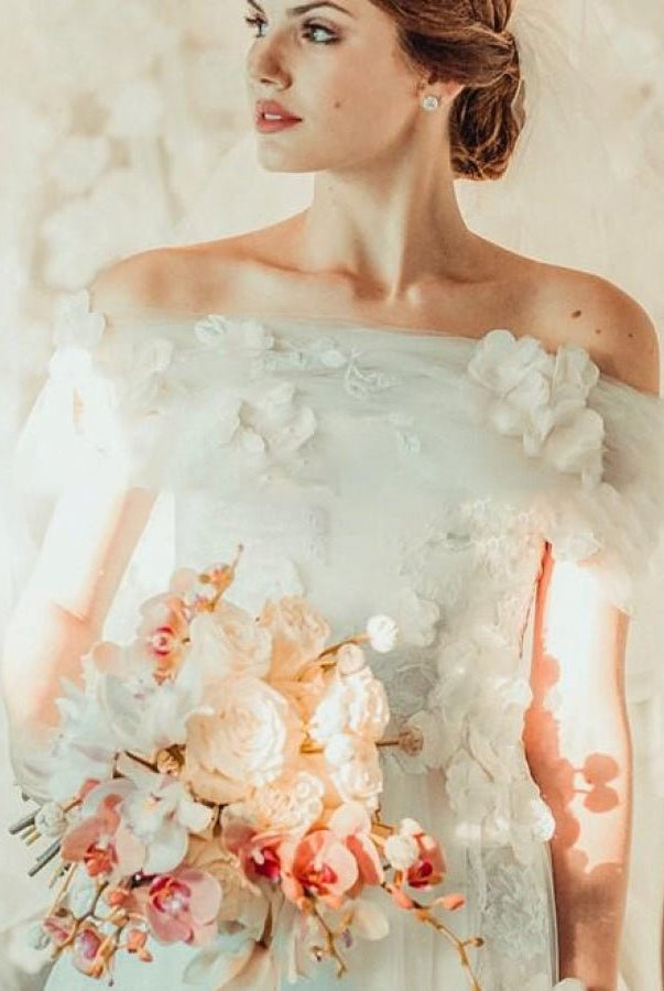Appliques 3D Flowers Wedding Dresses Off - the - shoulder - KissProm
