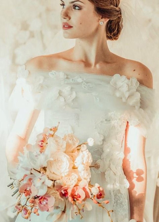 Appliques 3D Flowers Wedding Dresses Off - the - shoulder - KissProm