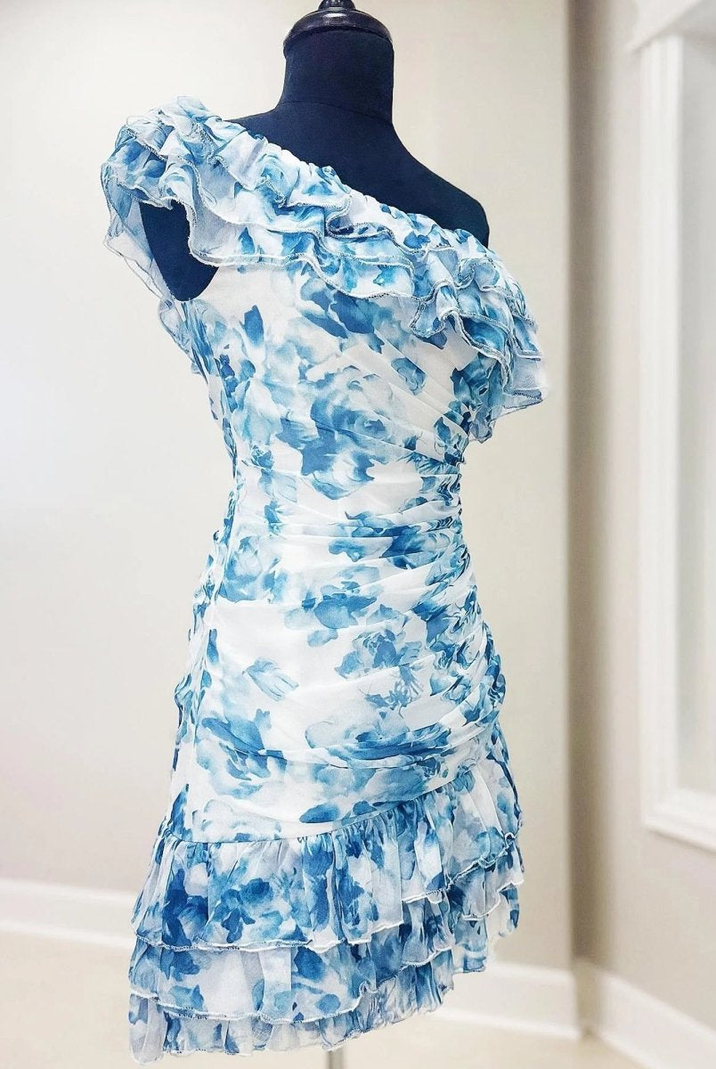 Caprice | Blue - A-Line One Shoulder Floral Chiffon Short Homecoming Dresses