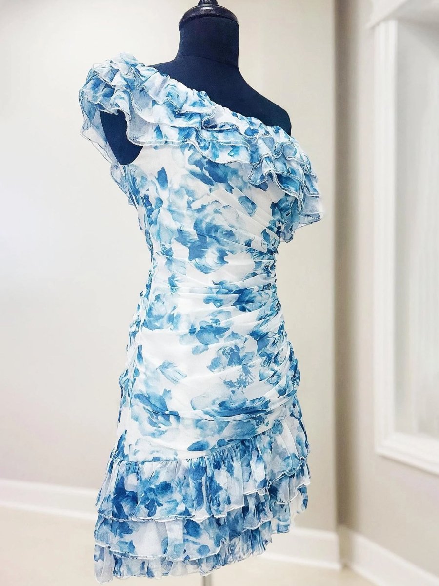 Caprice | Blue - A-Line One Shoulder Floral Chiffon Short Homecoming Dresses