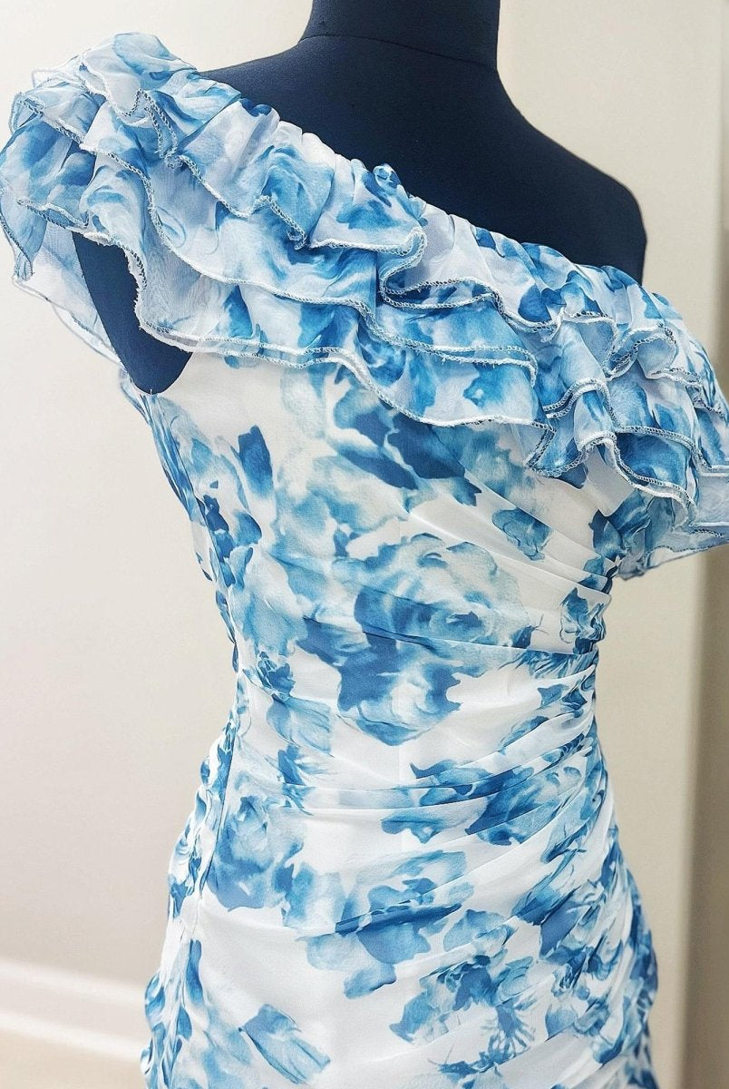 Caprice | Blue - A-Line One Shoulder Floral Chiffon Short Homecoming Dresses