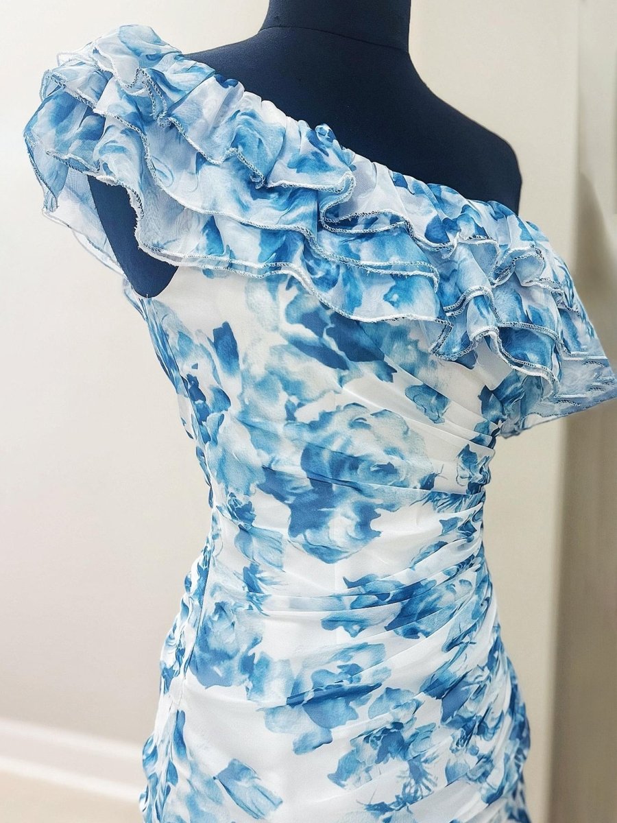 Caprice | Blue - A-Line One Shoulder Floral Chiffon Short Homecoming Dresses