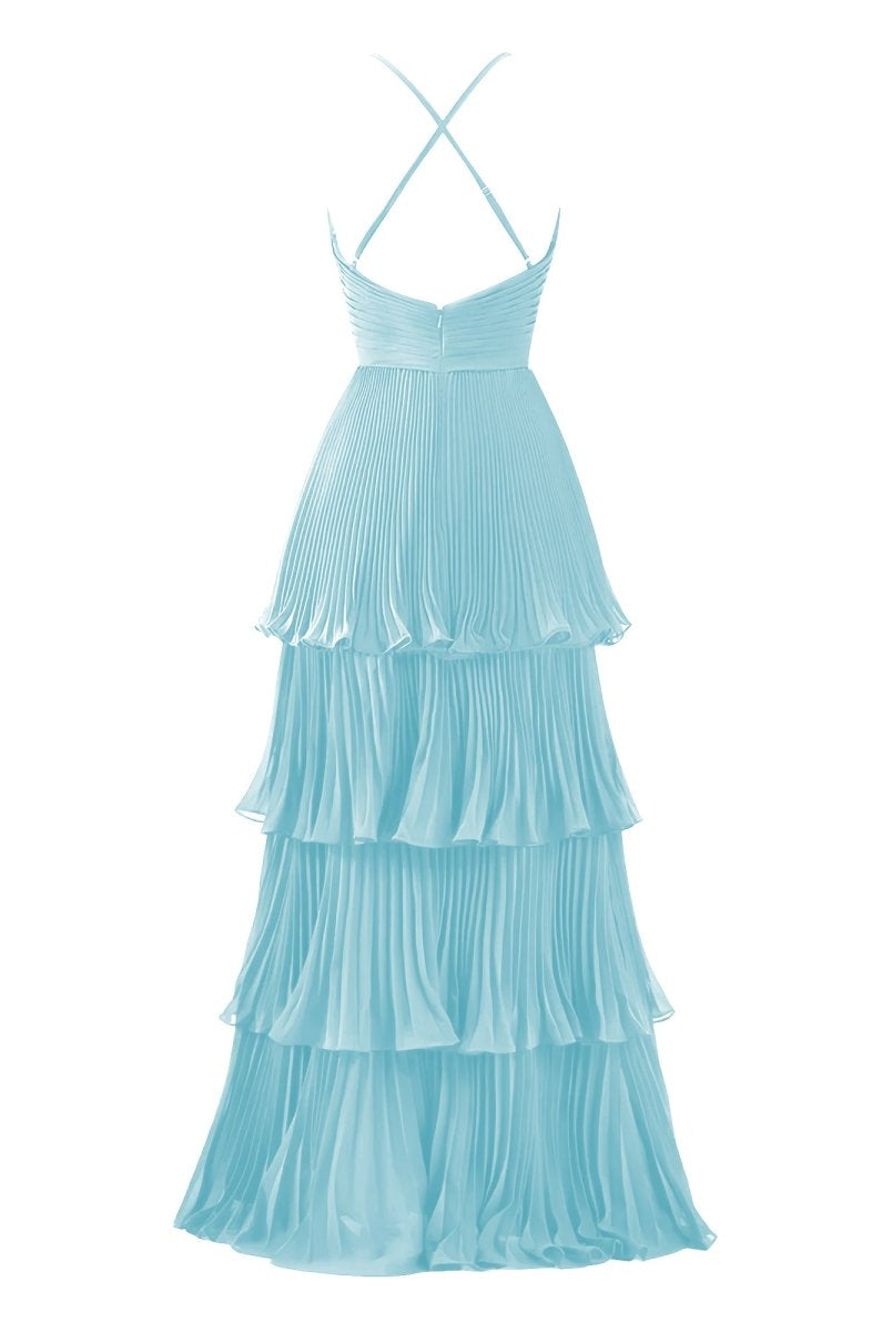 Dark Green A - Line Tiered Floor Length Chiffon Bridesmaid Dress - KissProm