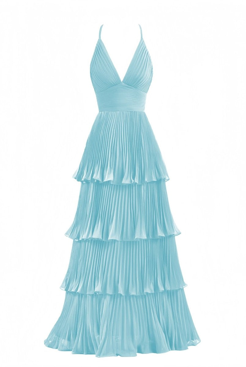 Dark Green A - Line Tiered Floor Length Chiffon Bridesmaid Dress - KissProm